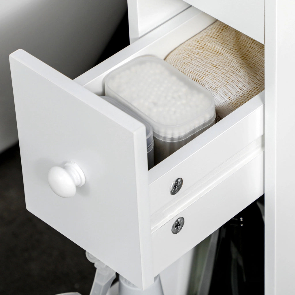 Armadietto da bagno con 2 cassetti, vano aperto, ruote e freni, per spazi piccoli, bianco, 16 × 49,5 × 66 cm