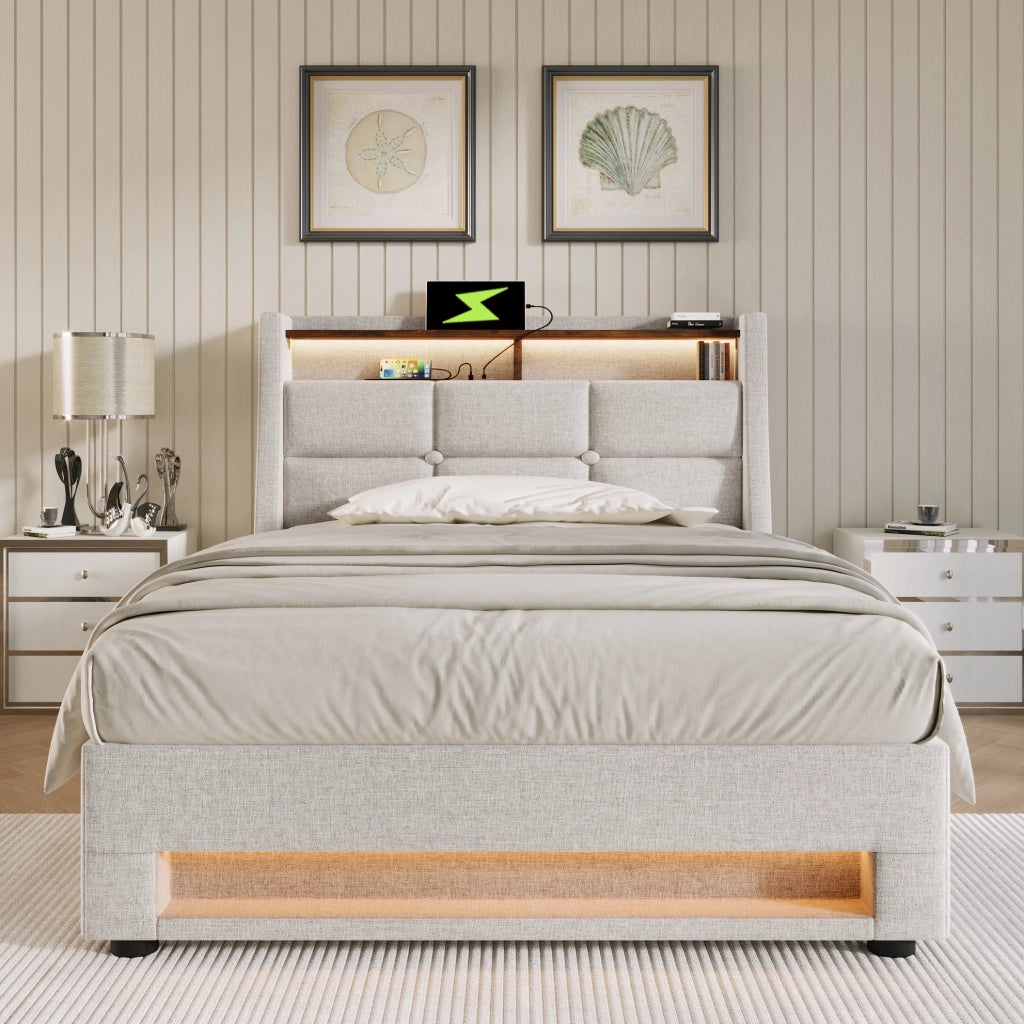 Letto singolo imbottito 90x200 cm beige con LED, USB e contenitore