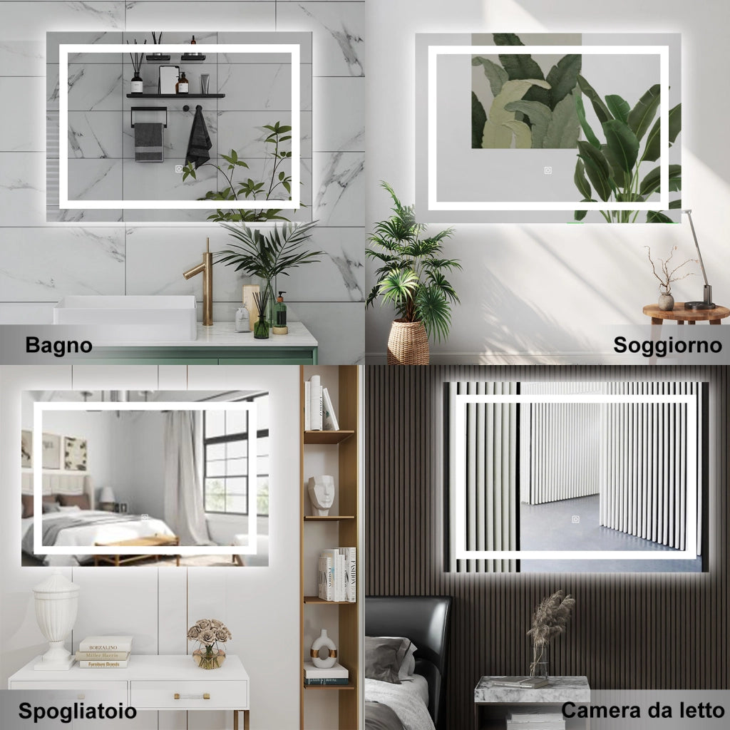 AICA Specchio da bagno  70 x 50 cm, dimmerabile, interruttore touch, Funzione Memoria, antiappannamento, 3 colori