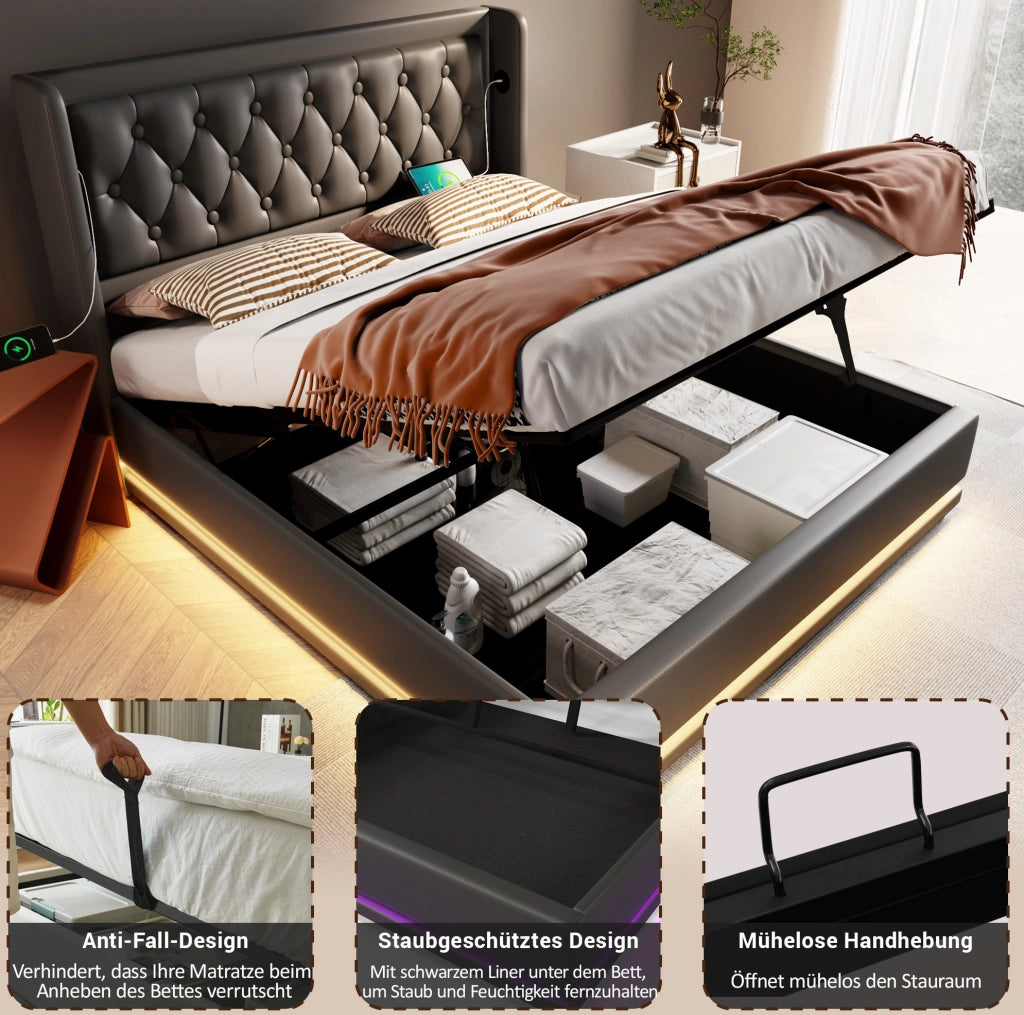 Letto matrimoniale contenitore 160x200 nero in PU con LED