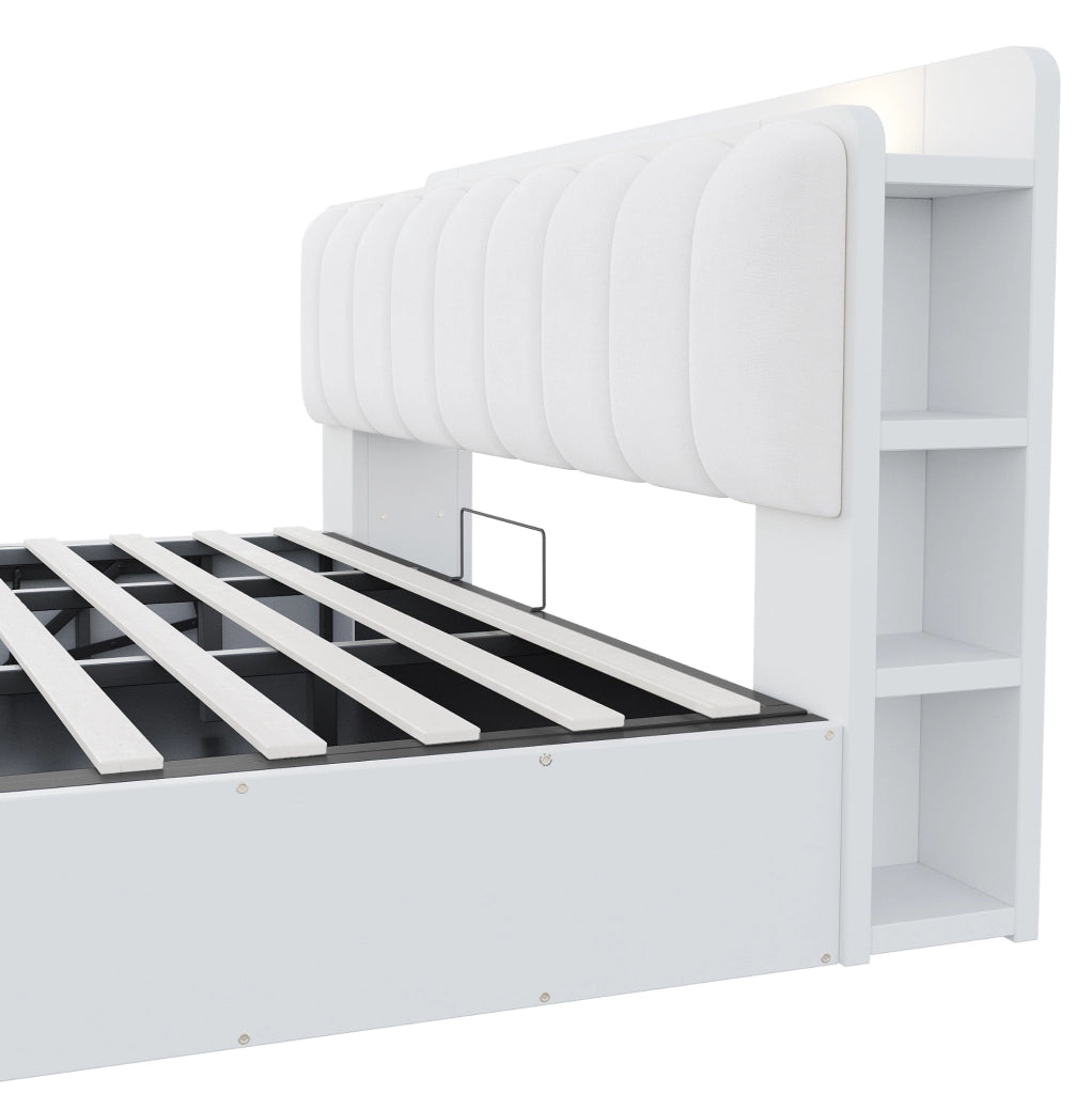Letto matrimoniale 180x200 cm in legno bianco con contenitore idraulico; testiera imbottita e USB