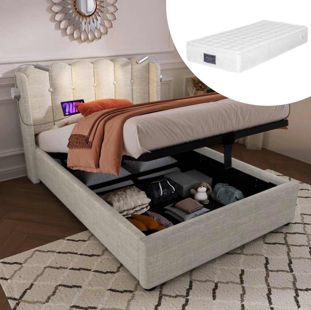 Letto singolo imbottito 90x200 cm in lino beige con luce da lettura; USB e contenitore