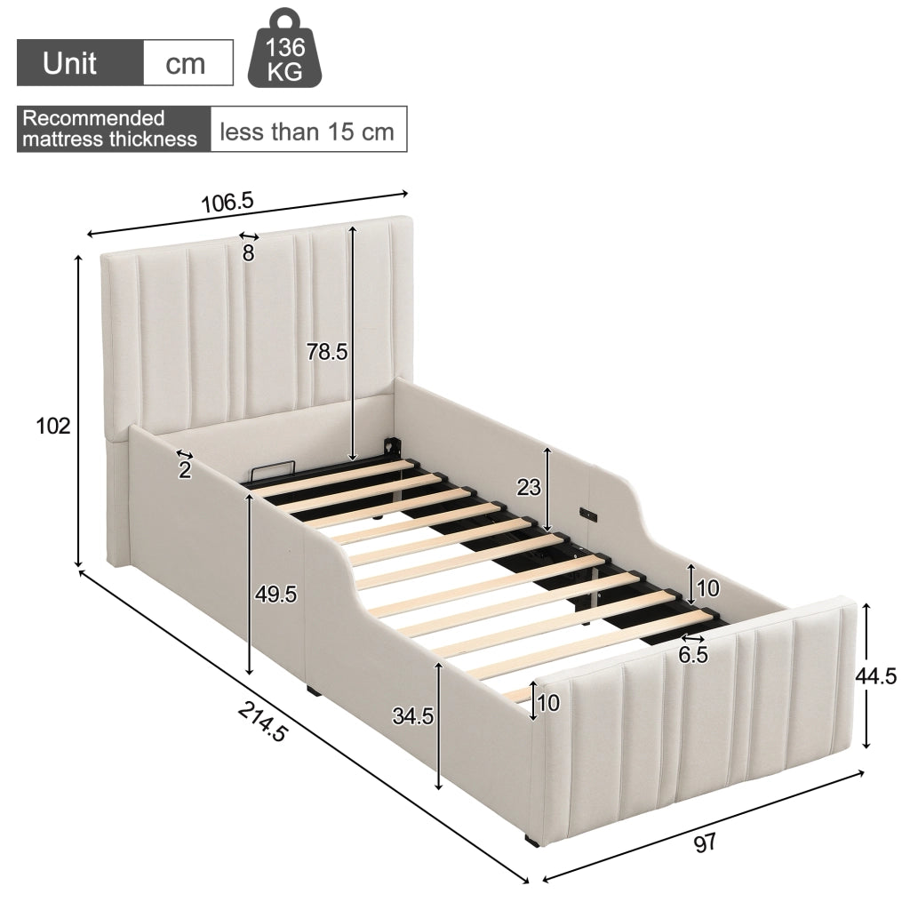 Letto per bambini 90 x 200 cm, con contenitore, testiera imbottita, tessuto di lino, beige