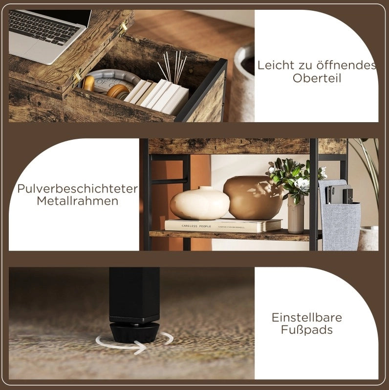Tavolino con prese AC; USB e USB-C; 2 ripiani e vano con coperchio; 60 x 29;8 x 58;5 cm; marrone rustico