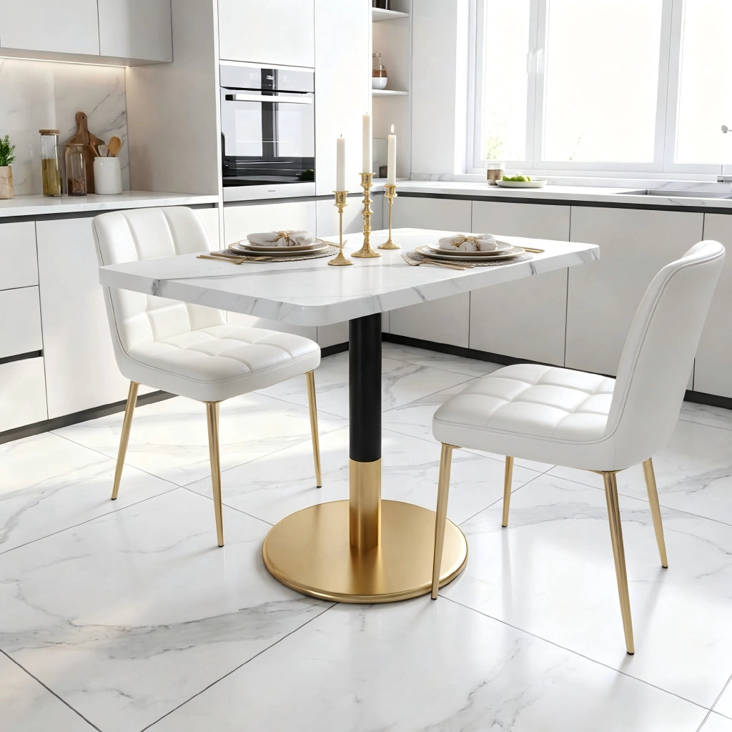 Tavolo da pranzo per 2 persone con piano effetto marmo, base in metallo nero e oro, per cucina, 80 × 60 cm
