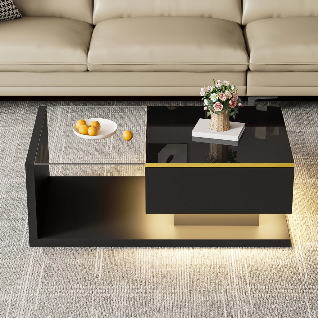 Tavolino da caffè 90x50x32.5 cm; piano in vetro con LED a 16 colori; pannello truciolare nero