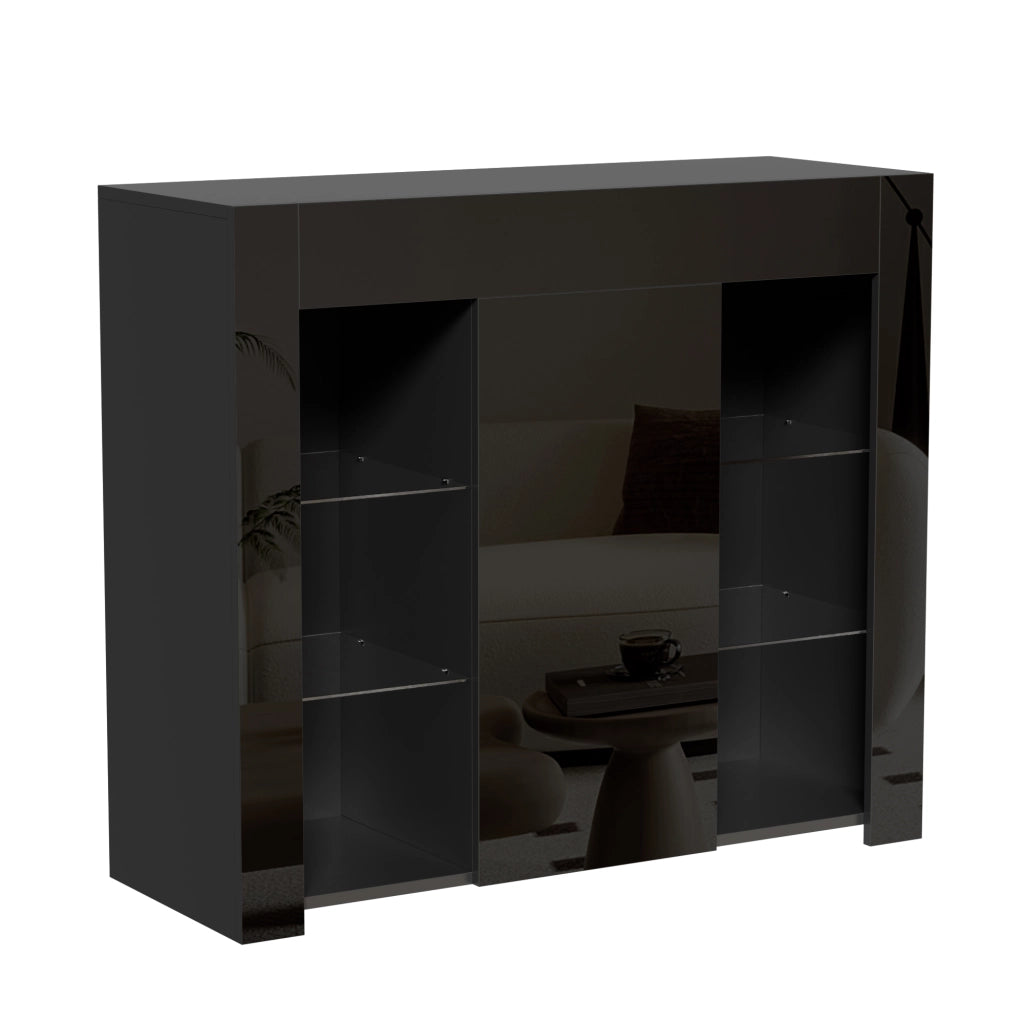 Credenza con 1 Anta e Ripiani in Vetro; Frontale Lucido; Stile Moderno; in Pannello Truciolare; 95??35??83 cm; Nero