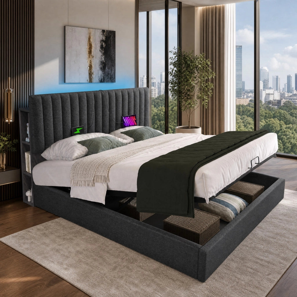 LETTO imbottito con materasso incluso, LED App-Control, USB Type-C, 160x200 cm, grigio