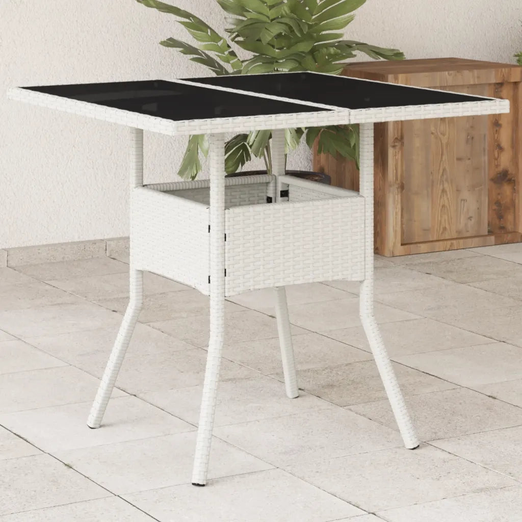 Tavolo Giardino | Tavolino da esterno con Piano Vetro Bianco 80x80x75 cm Polyrattan