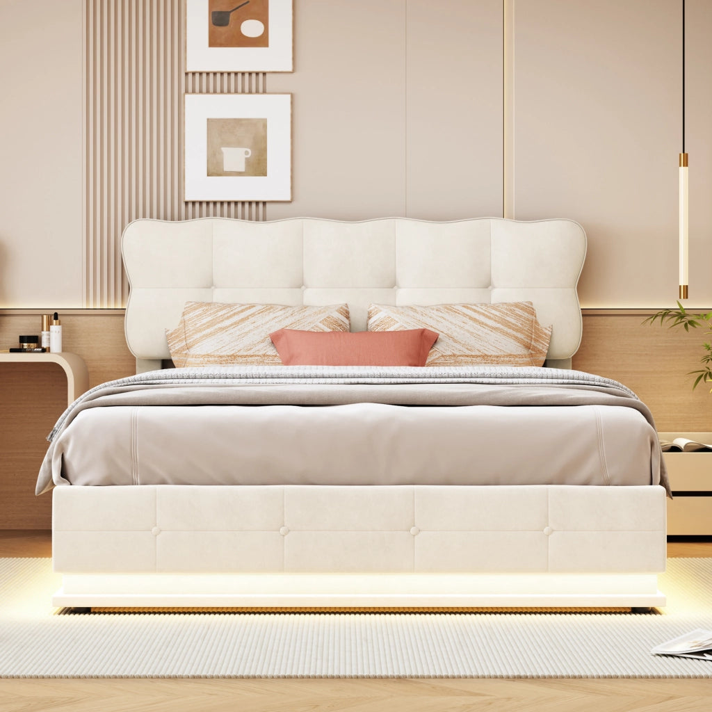 Letto matrimoniale 160x200 cm con contenitore testiera regolabile e illuminazione LED struttura letto matrimoniale in metallo legno e velluto - beige