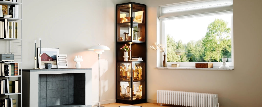 Vetrina con LED, 2 ante in vetro, specchio posteriore e vano aperto, per soggiorno, in truciolare, nero, 42 × 44 × 205 cm