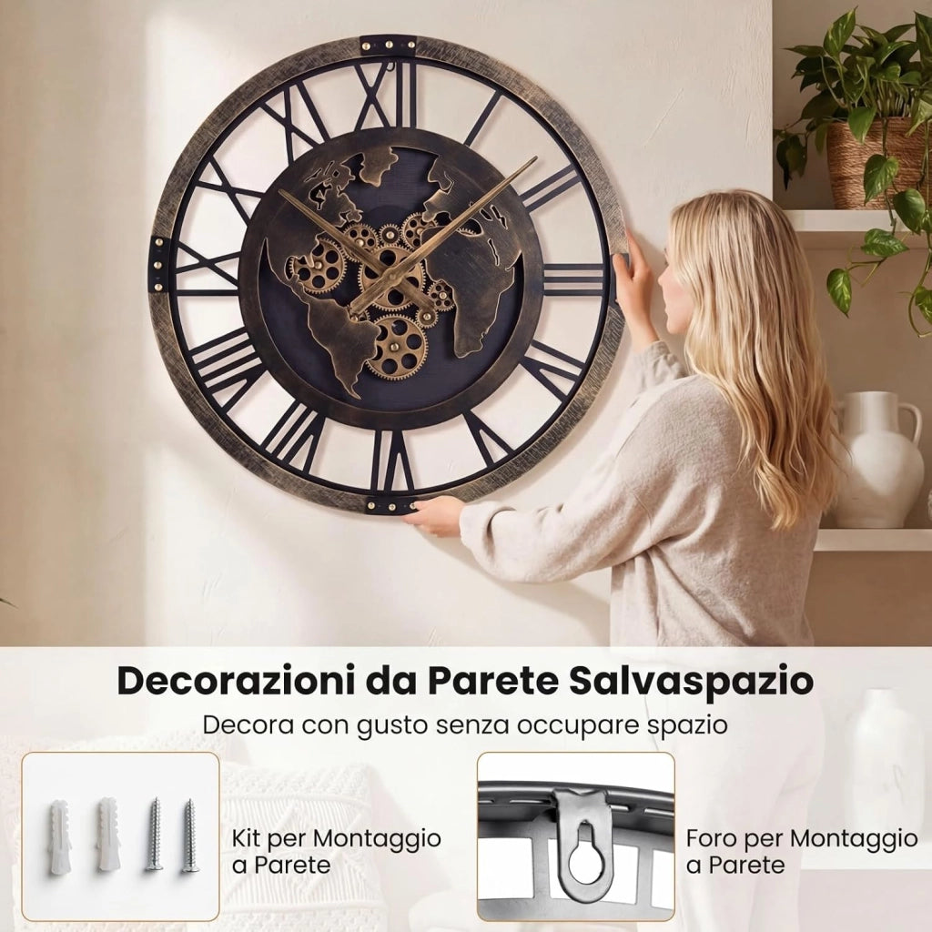 Grande Orologio da Parete 68 cm, Orologio a Ingranaggi con Mappa del Mondo, Orologio in Metallo Decorativo Silenzioso con Ingranaggi Mobili, per Soggiorno Camera da Letto Cucina