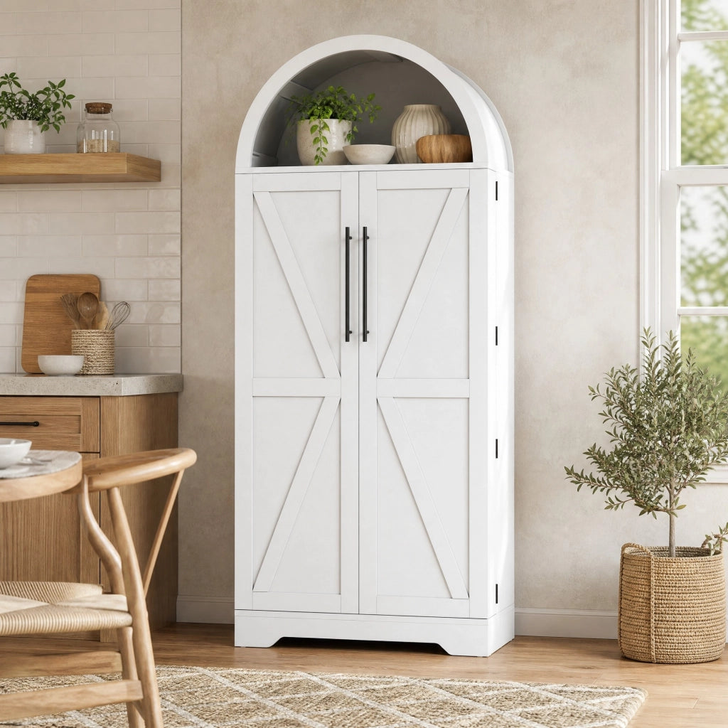 Armadio ad arco moderno 70x40x165 cm bianco in MDF, con vani aperti, ripiani interni e ante con dettaglio X