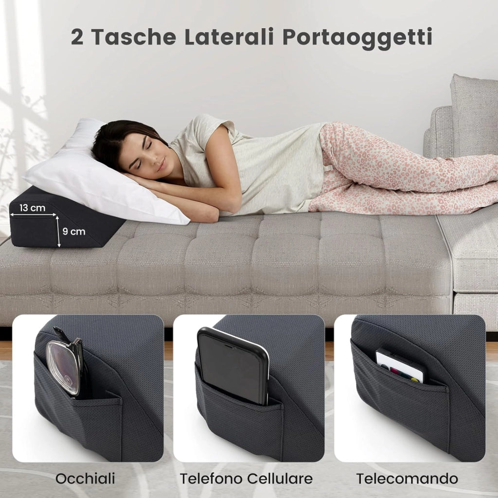 Cuscino a Cuneo per Letto, Cuscino per Testata con 2 Tasche, Cuscino Lungo Trapezoidale per Spazio tra Materasso e Testiera/Parete(0-20 cm)(137 x 25 x 13 cm)