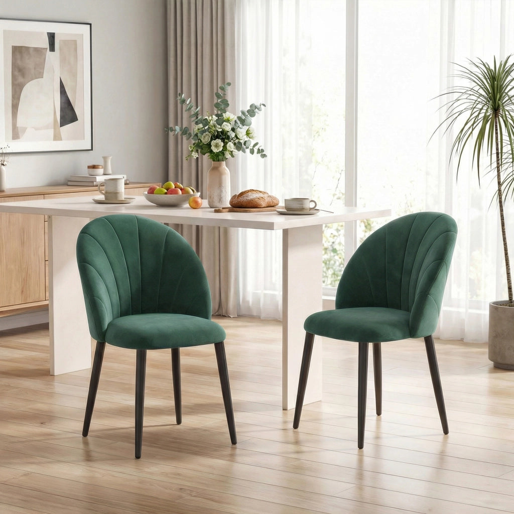 Set 2 Sedie da Pranzo Imbottite con Schienale a Conchiglia in Velluto, 52x55x79 cm, Verde Scuro