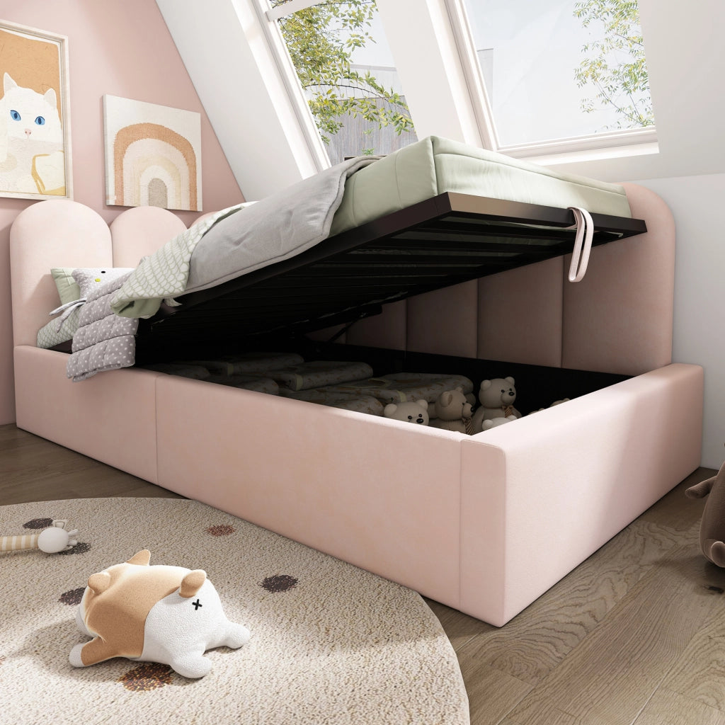 Letto da giorno 90x190 cm in velluto rosa con contenitore e rete idraulica