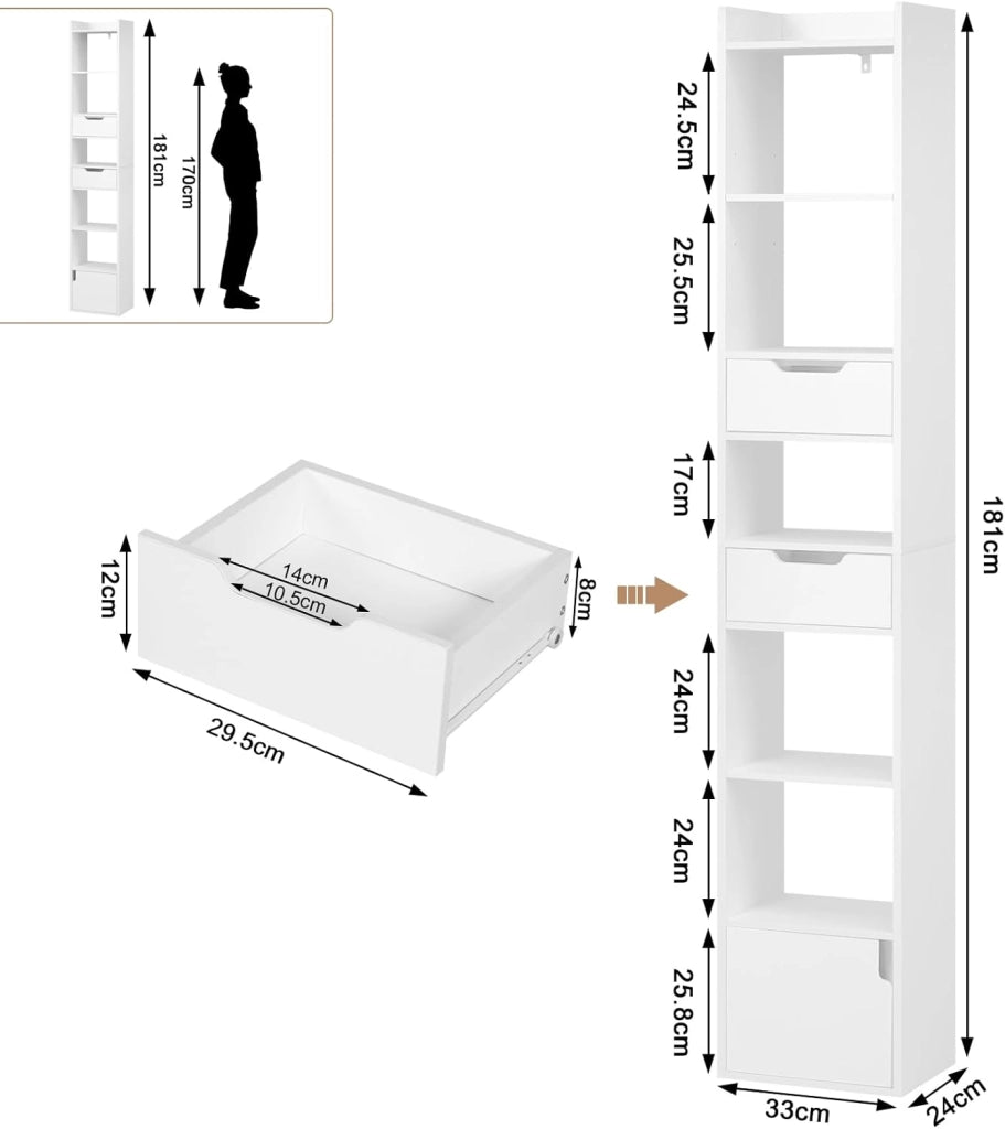 Libreria Verticale Autoportante, Scaffale Salvaspazio, Libreria Stretta e Alta, con 2 Cassetti, 6 Ripiani Aperti e 1 Scomparto con Anta, in Legno, Bianca, SK042ws