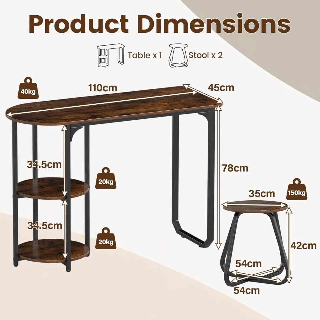 Set da pranzo con tavolo e 2 sgabelli, tavolo da pranzo con 2 ripiani, 110 x 45 x 78 cm, tavolo rettangolare da cucina per piccoli spazi, cucina, soggiorno (marrone)
