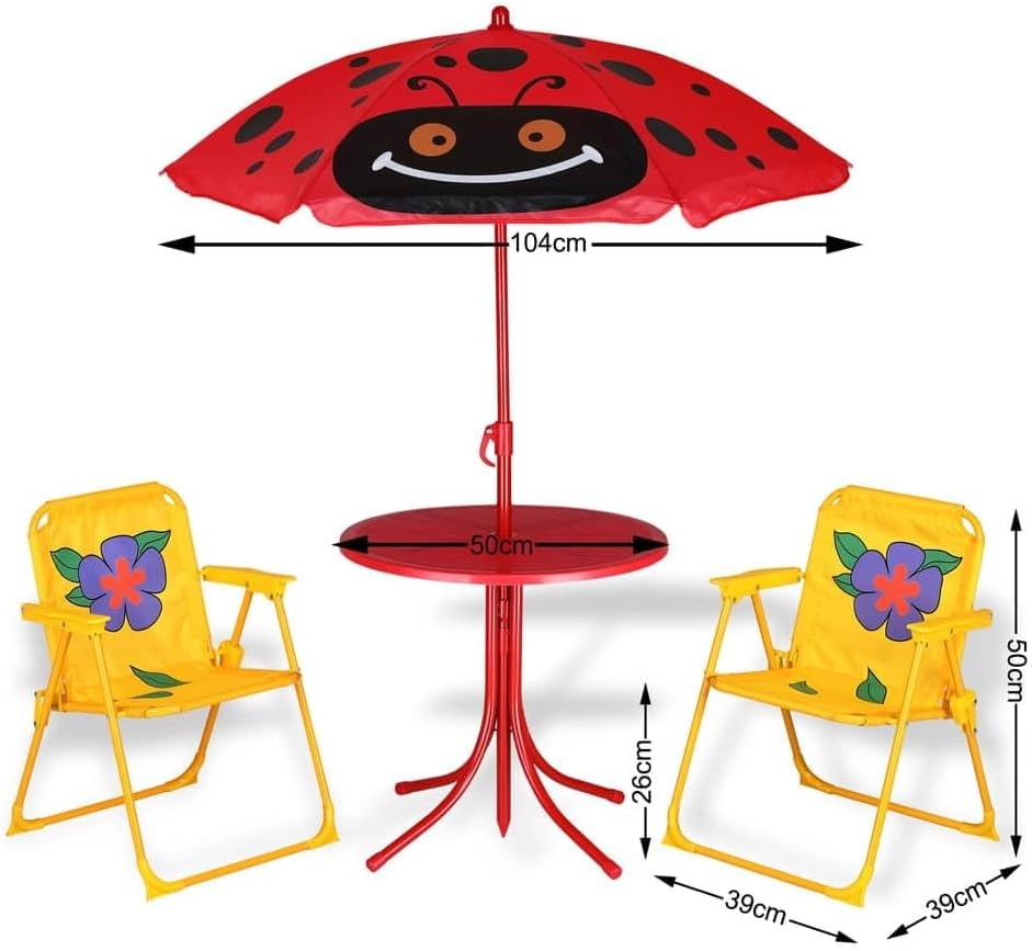 Set Mobili da Giardino per Bambini Tavolino 2 Seggioline Pieghevoli e Ombrellone Angoli arrotondati Fino 35kg Anti UV