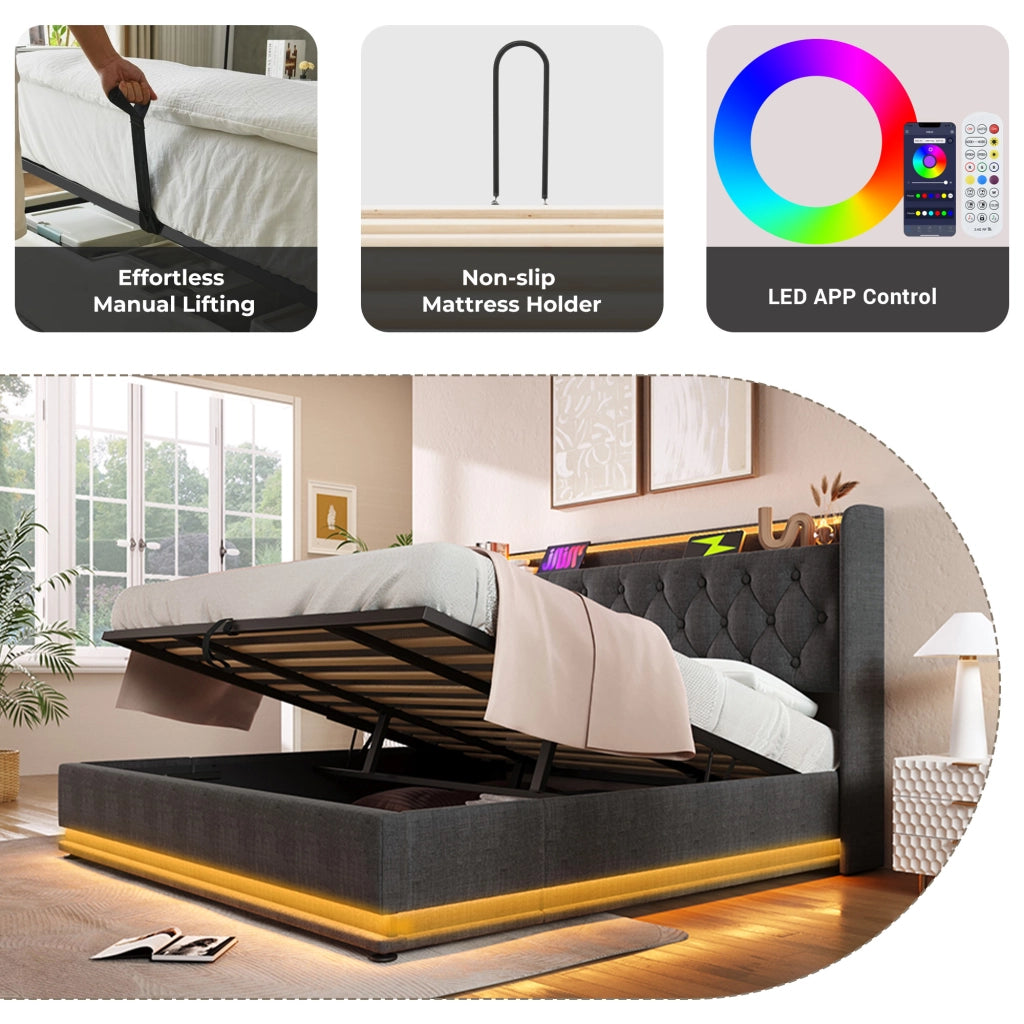 Letto Contenitore 140 x 190 cm; Letto Matrimoniale - LED; USB; Type-C e Mensole - Grigio