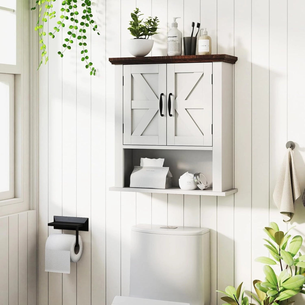 Mobile da Parete per Bagno, Mobiletto Bagno a Muro in Stile Rustico con Ripiano Regolabile e Scomparto Aperto, Armadietto per Soggiorno, Cucina e Ingresso, 55 x 19 x 60 cm (Bianco)