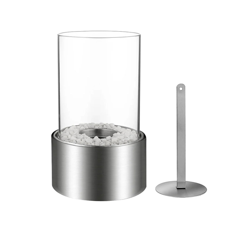 Marsiglia - Camino a bioetanolo da tavolo per interni ed esterni ø16 x H27 cm, colore silver