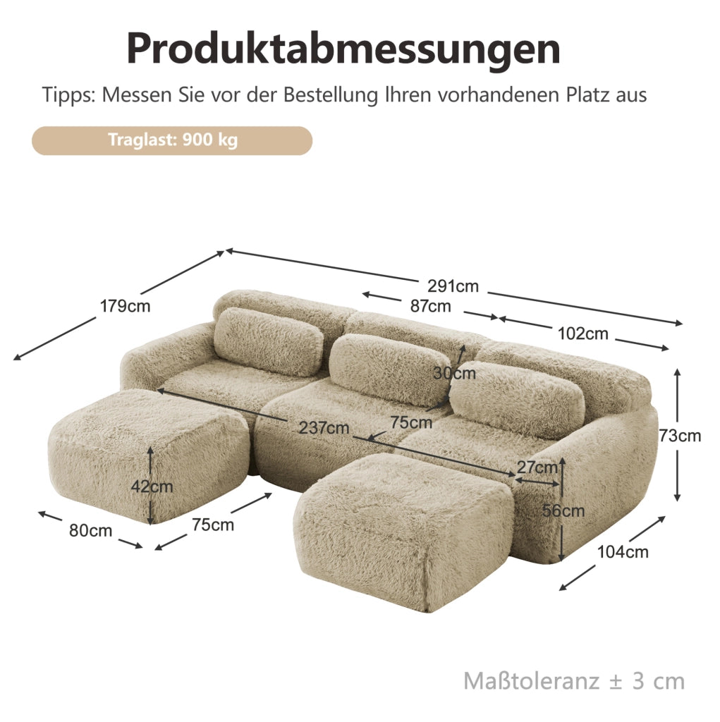 Divano modulare a U 291x179x73 cm in tessuto, beige chiaro, con cuscini, per soggiorni –