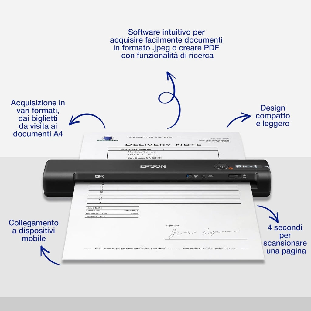 Epson WorkForce ES-60W Scanner Portatile Compatto, Wireless Wi-Fi Direct USB, pannello LCD, Scansione 600dpi, Alimentazione Automatica, Scansione 8,5 ppm, JPEG, PDF, TIFF Supportati, Software Incluso