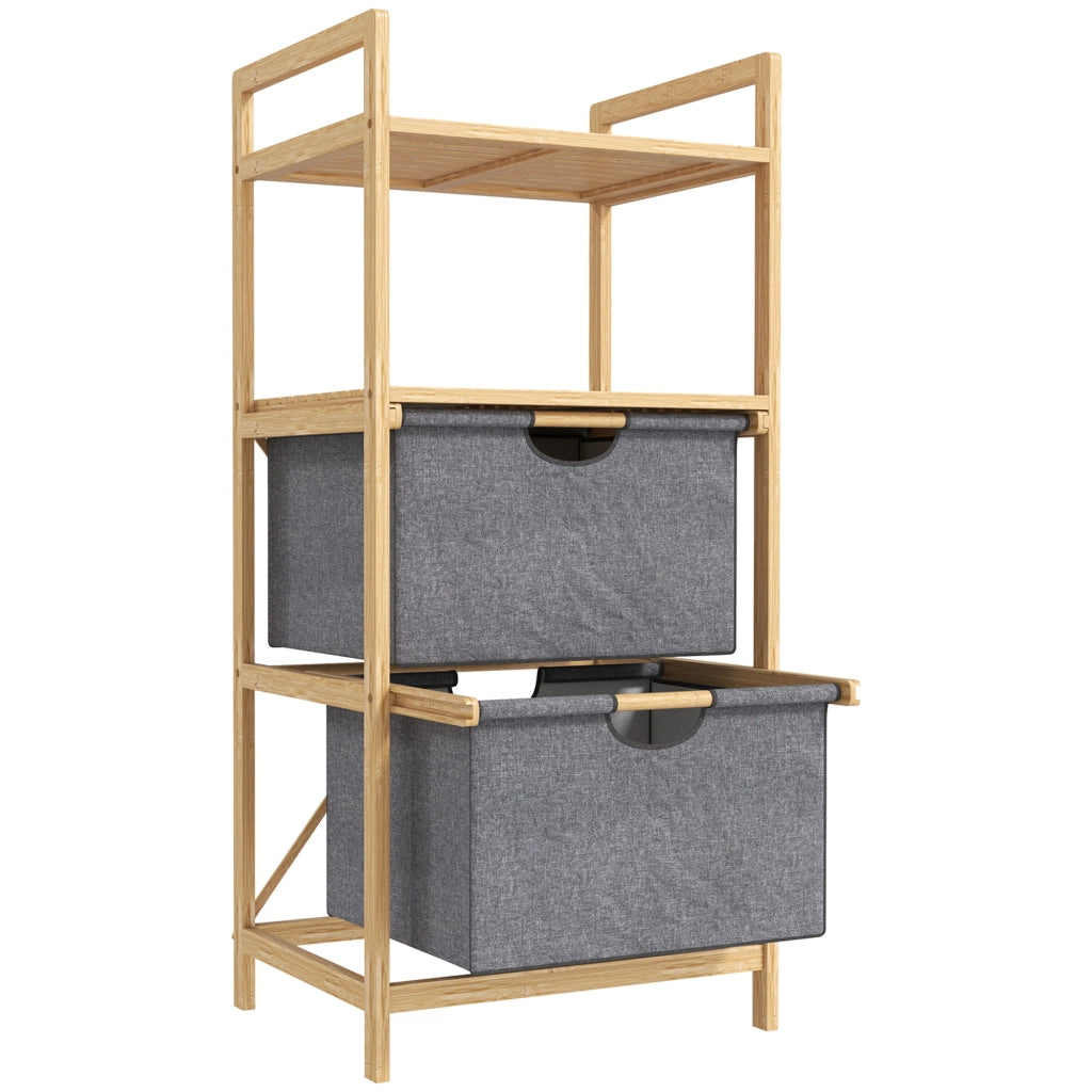 Cestino per il bucato in bamb¨´ con 2 sacchetti in tessuto scorrevoli e ripiani aperti ¨C Zephmum ¨C Naturale 80x40x60