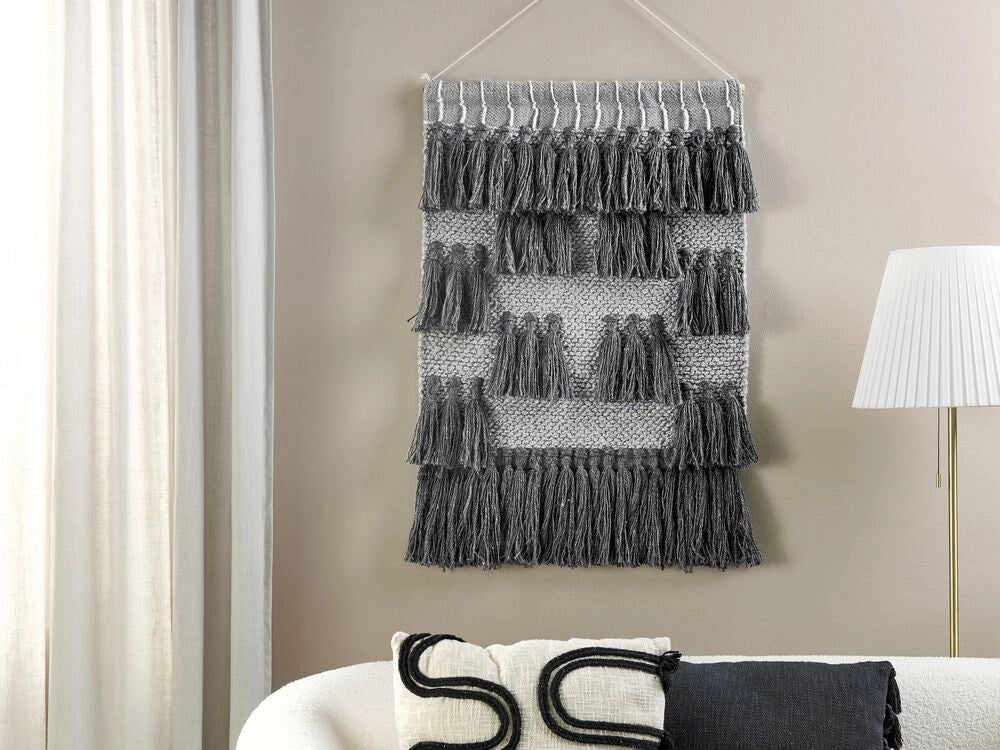 Appendiabiti da parete in cotone grigio intrecciato a mano con frange Decorazione da parete Boho stile moderno Soggiorno Camera da letto