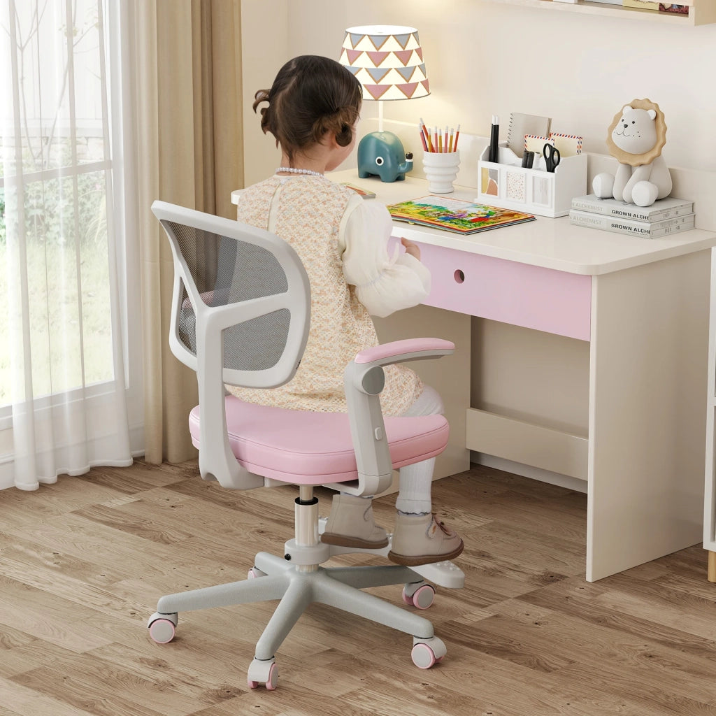 Sedia da scrivania per bambini rosa, sedia da studio ergonomica regolabile in altezza con braccioli e poggiapiedi