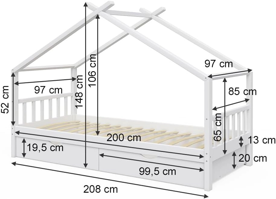 Letto montessori bambini Design, Bianco, 90x200 cm con 2 cassetti, con sponda anticaduta e rete a doghe per un sonno sicuro