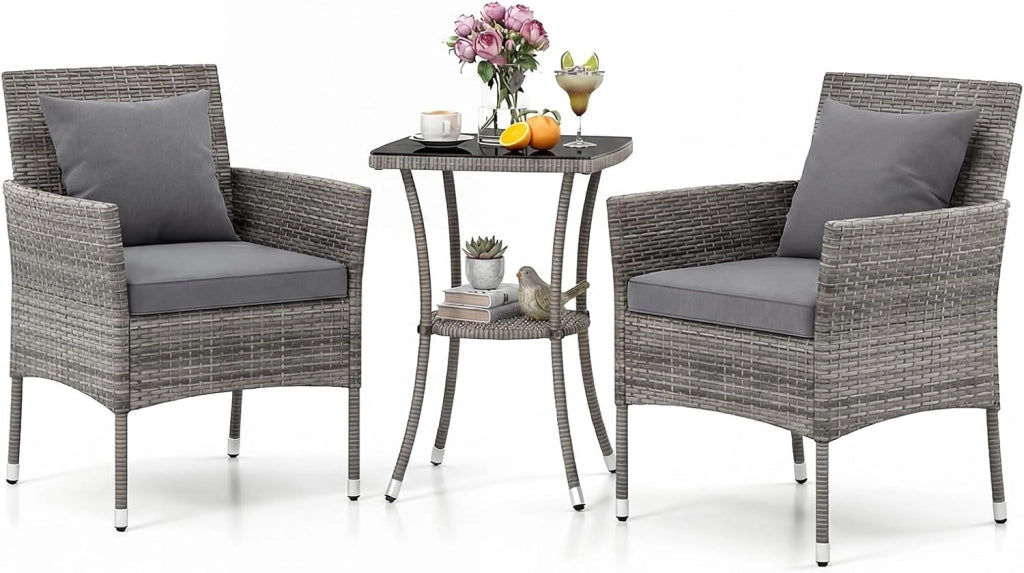 Set Mobili da Balcone 3 Pezzi, Set da Bistrot con Tavolo e 2 Sedie in Rattan con Cuscini, Mobili da Giardino per Balcone e Esterno