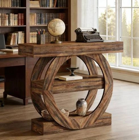 Tavolo consolle rustico 105x30x85 cm con 3 ripiani aperti; legno marrone rustico