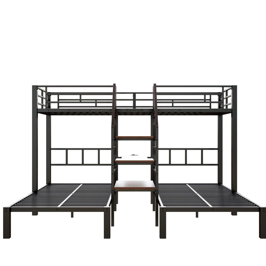 Letto a castello 90x200 cm con LED; scrivania; ripiani e prese USB; metallo e MDF; nero