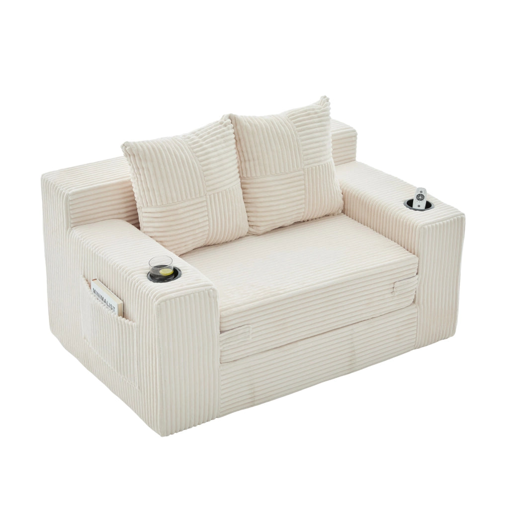 Divano pouf in velluto a coste con 2 cuscini e tasche laterali; 151x133x64 cm; beige