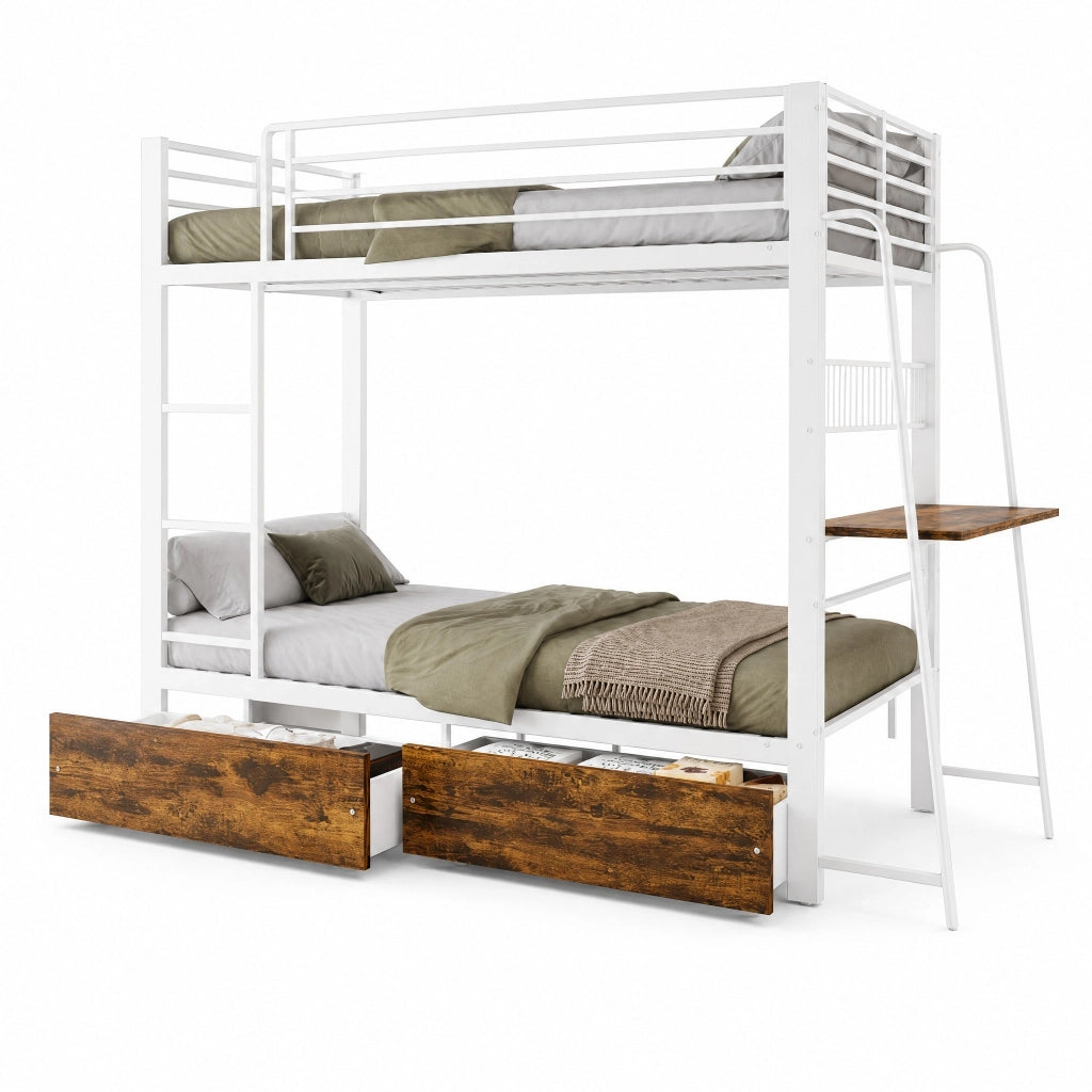 Letto a soppalco 90x200 cm con scrivania; illuminazione LED; MDF e metallo; bianco