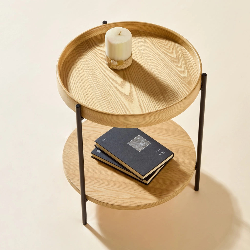 Tavolino da caff¨¨ rotondo ?69x38 cm a 2 ripiani in legno massello, MDF e ferro