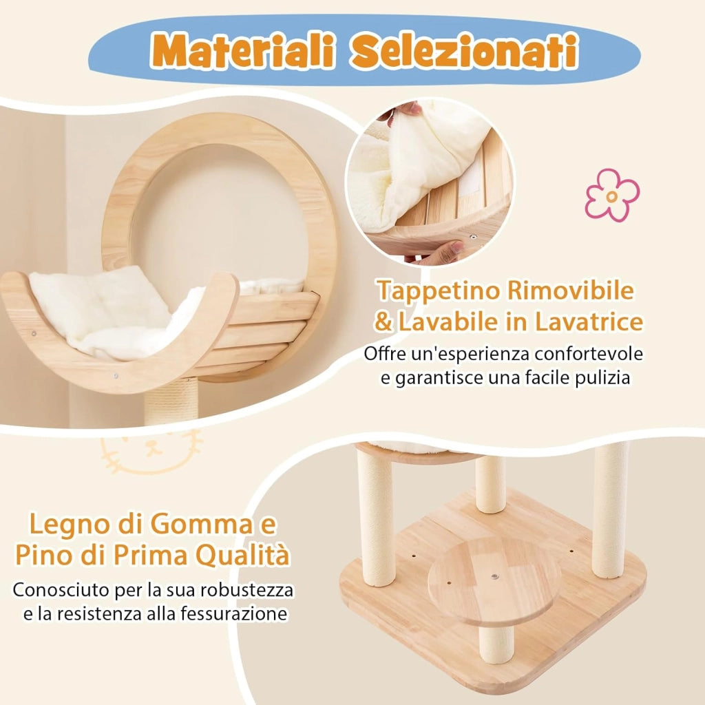 Tiragraffi per Gatti 4-in-1, Albero per Gatti in Legno di Quercia a Blocchi con Capsula Spaziale, Tiragraffi in Sisal, Piattaforma Imbottita e Giocattolo Appeso, 60 x 60 x 146 cm