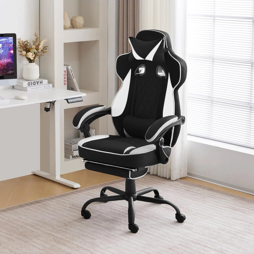 Sedia Gaming Ergonomica | Tessuto Traspirante Fresco D'estate | Schienale Regolabile Poggiapiedi | per Gaming Ufficio Relax | Sedile ampio e comodo per Persone di Taglia Grande | Nero+Bianco