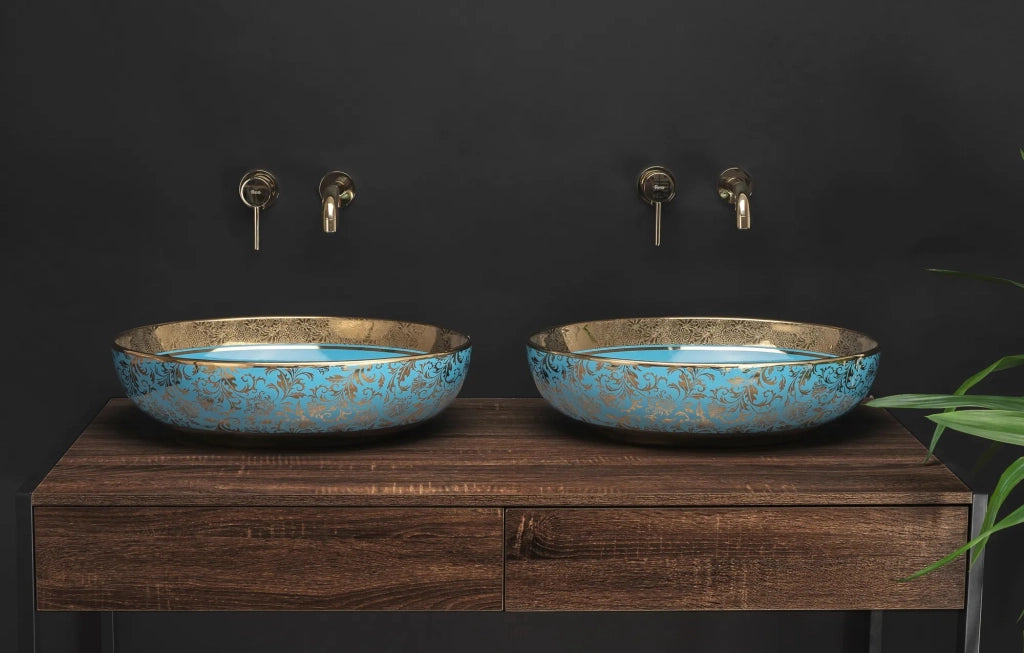 Lavabo Da Appoggio In Ceramica Margot Blue / Gold