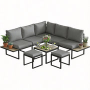 Set da giardino 6 posti con tavolo e divano modulabile ¨C zephmum ¨C cuscini grigi 10cm, legno