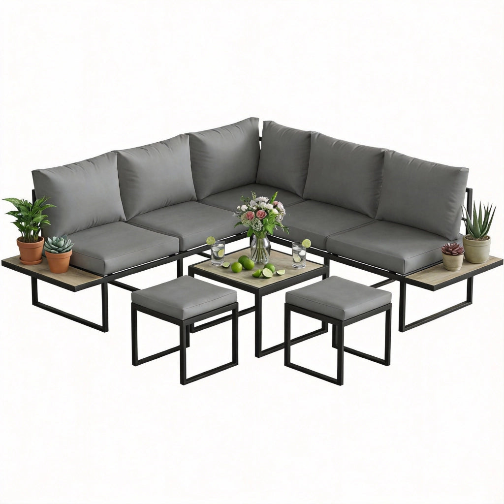 Set da giardino 6 posti con tavolo e divano modulabile ¨C zephmum ¨C cuscini grigi 10cm, legno