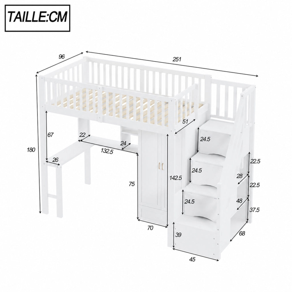 DESMIU Letto a soppalco letto singolo 90 × 200 cm con armadio, scrivania e scala con cassetti, senza materasso