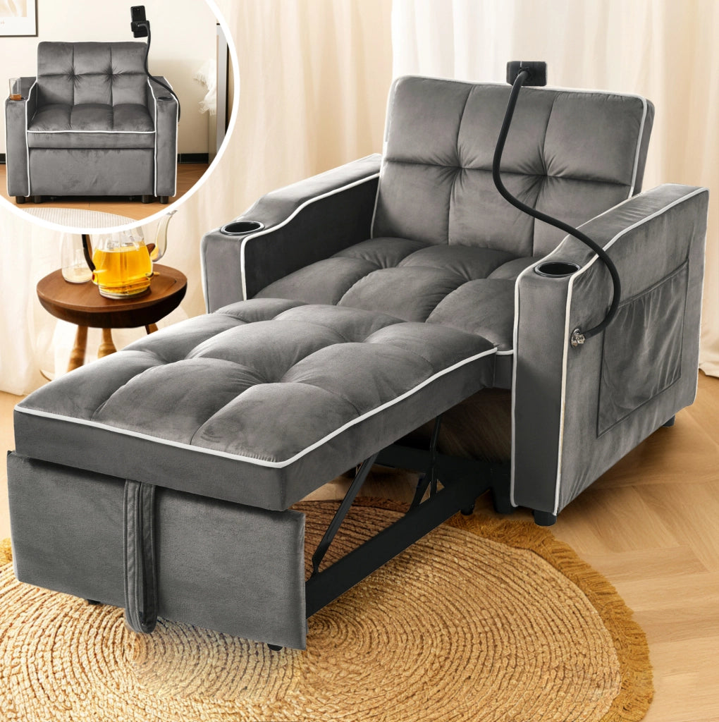 Poltrona letto estraibile 3 in 1 in velluto grigio scuro