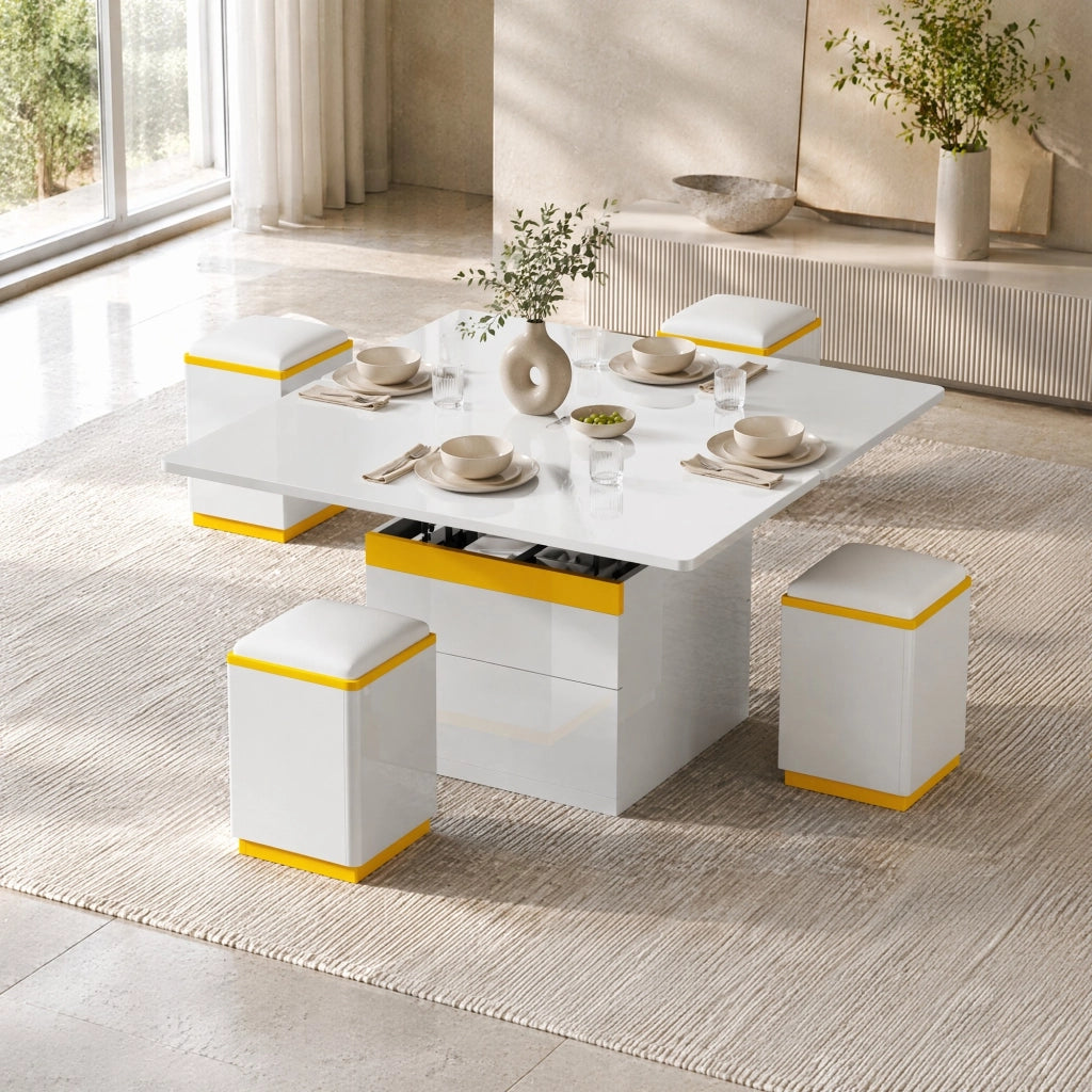 Tavolino da caffè sollevabile e pieghevole 100x50x43 cm con 4 sgabelli; MDF; bianco e giallo