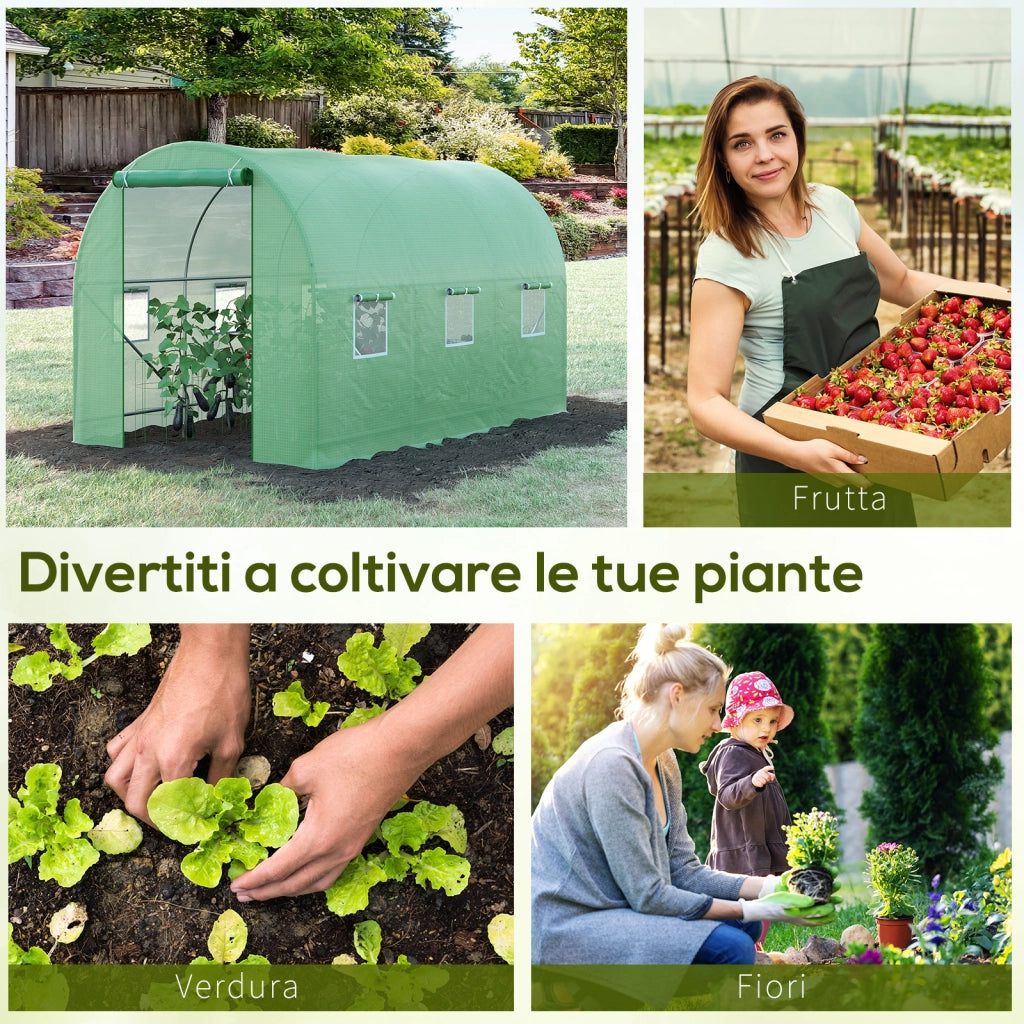 EasyComfort Serra per Orto a Tunnel 3.5x2x2m in PE e Metallo con 6 finestre e Porta Avvolgibile, Verde
