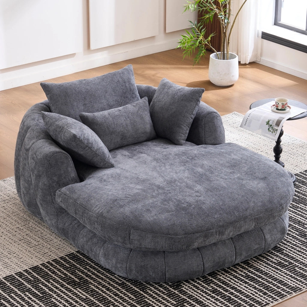 Méridienne in chenille con seduta profonda, cuscini aggiuntivi e senza montaggio, per relax in salotto grigio