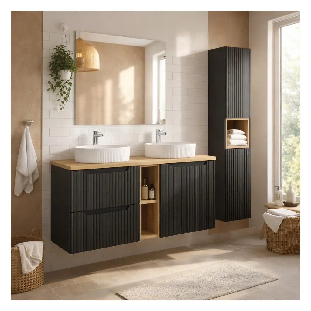 Insieme VANO 170cm: mobili sottolavabo con nicchie visibili a cassetti e armadietti + due lavabi da appoggio scanalati + colonna