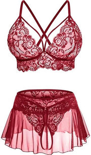 Set di lingerie 3 pezzi - Abbigliamento da notte trasparente - Babydoll con bordo - Reggiseno a push-up - Tanga sexy - Progetto seducente